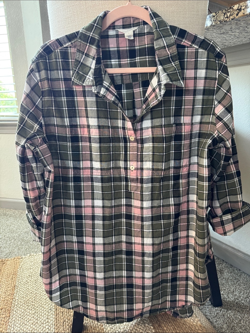 Caslon Green and Pink Plaid Half Button-Up Shirt